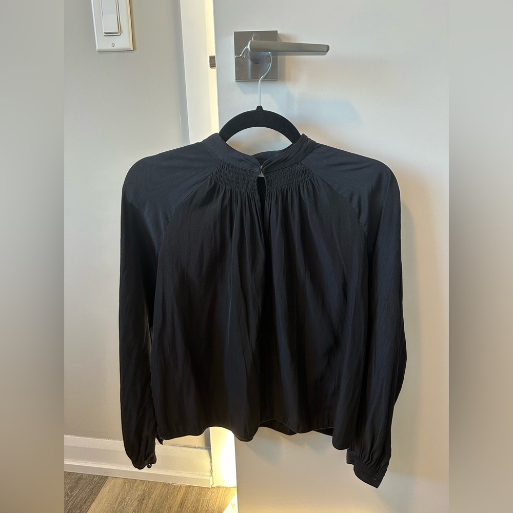 Aritzia Wilfred Black Long-Sleeve Smocked Yoke Blouse